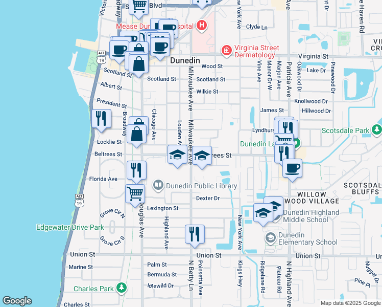 map of restaurants, bars, coffee shops, grocery stores, and more near 600 Beltrees Street in Dunedin
