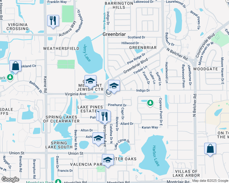 map of restaurants, bars, coffee shops, grocery stores, and more near 2005 Greenbriar Boulevard in Clearwater