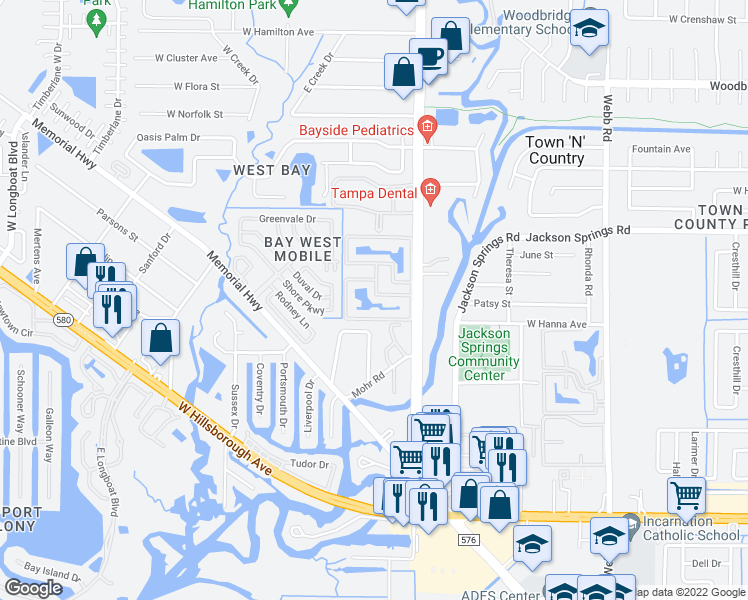 map of restaurants, bars, coffee shops, grocery stores, and more near 8842 Lighthouse Landing Court in Tampa
