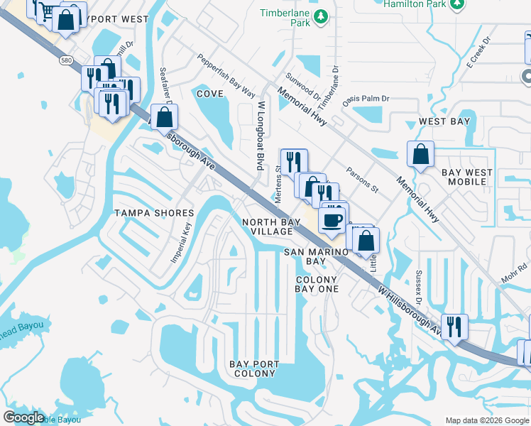 map of restaurants, bars, coffee shops, grocery stores, and more near 6340 Newtown Circle in Tampa