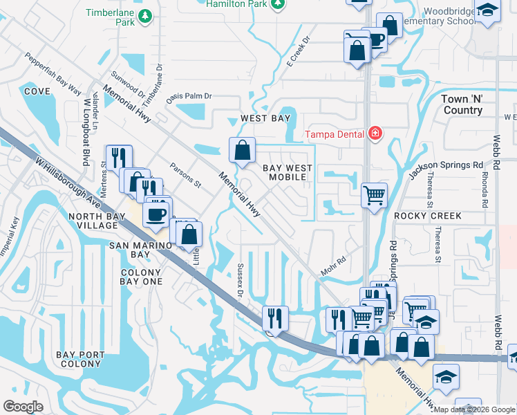 map of restaurants, bars, coffee shops, grocery stores, and more near 146 Bush Lane in Tampa