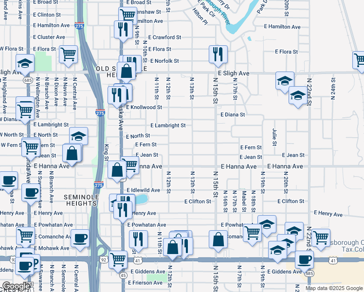 map of restaurants, bars, coffee shops, grocery stores, and more near 1215 East North Street in Tampa