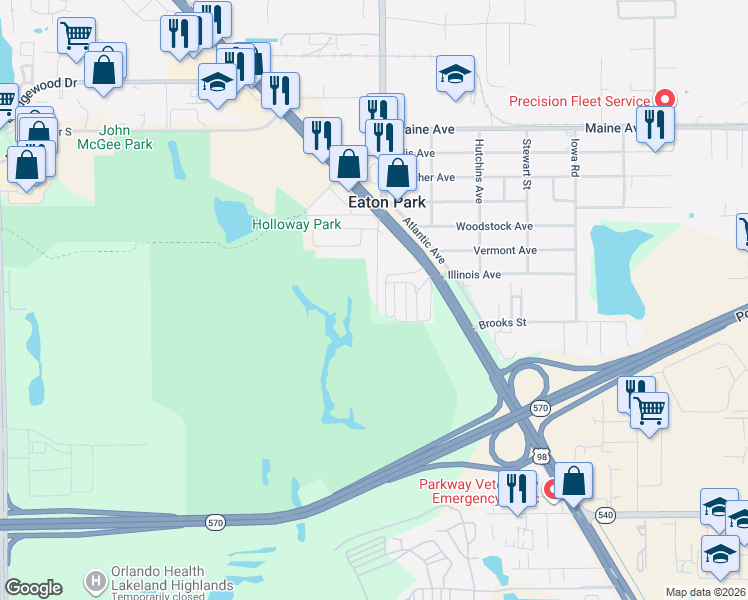 map of restaurants, bars, coffee shops, grocery stores, and more near 3352 South Combee Road in Lakeland