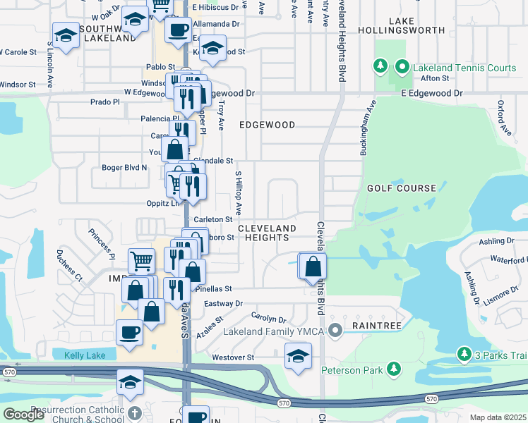 map of restaurants, bars, coffee shops, grocery stores, and more near 3229 Carleton Circle West in Lakeland