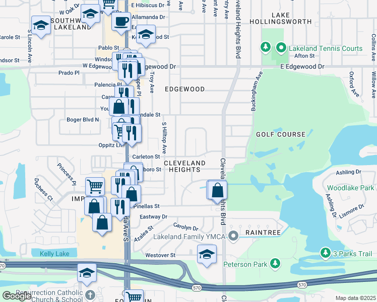 map of restaurants, bars, coffee shops, grocery stores, and more near 3229 Carleton Circle West in Lakeland