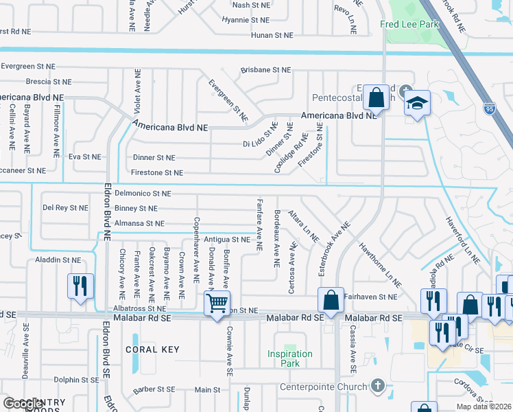 map of restaurants, bars, coffee shops, grocery stores, and more near 699 Binney Street Northeast in Palm Bay
