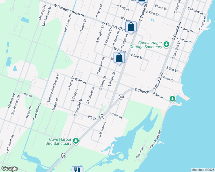 map of restaurants, bars, coffee shops, grocery stores, and more near 1411 South Fuqua Street in Rockport