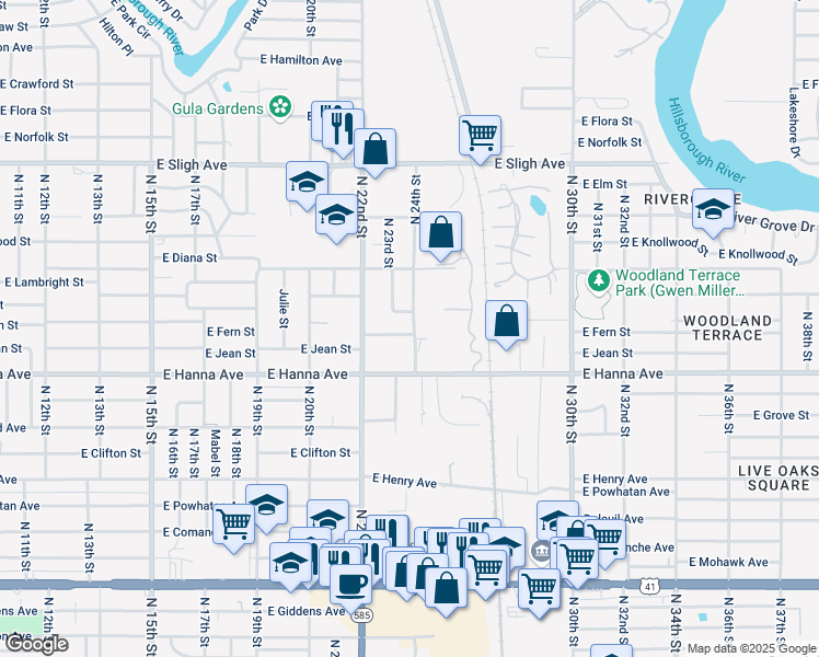 map of restaurants, bars, coffee shops, grocery stores, and more near 2220 East Fern Street in Tampa