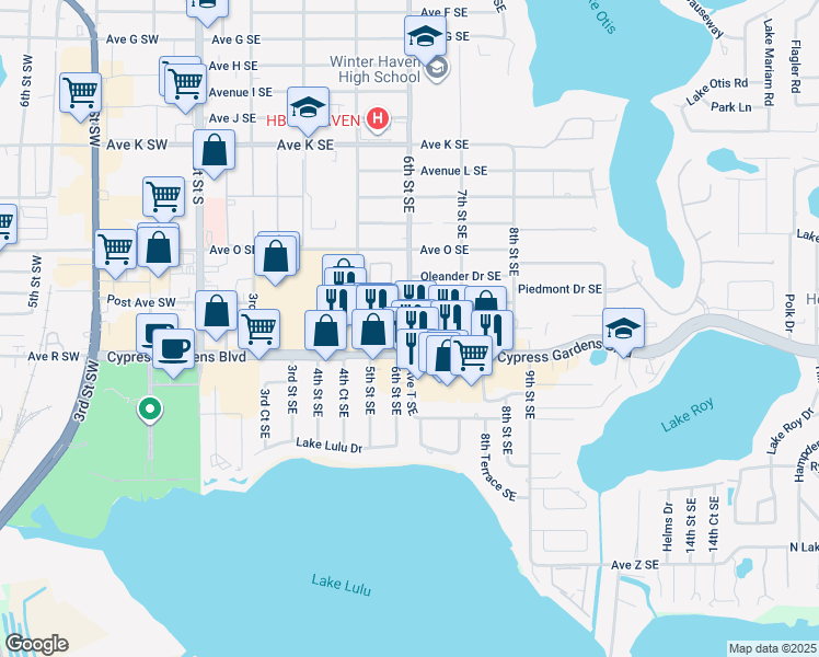 map of restaurants, bars, coffee shops, grocery stores, and more near 1630 6th Street Southeast in Winter Haven