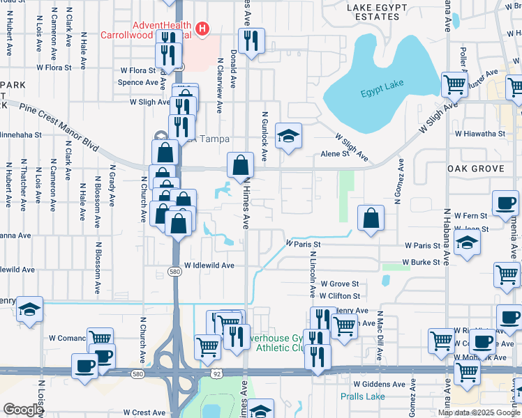 map of restaurants, bars, coffee shops, grocery stores, and more near 3416 Sunrise Villas Court South in Tampa