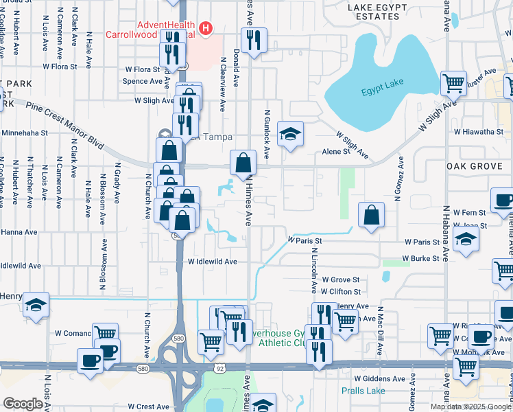 map of restaurants, bars, coffee shops, grocery stores, and more near 3416 Sunrise Villas Court South in Tampa