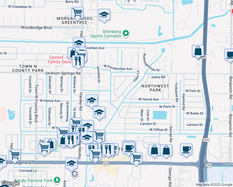 map of restaurants, bars, coffee shops, grocery stores, and more near 6410 Willow Wood Lane in Tampa