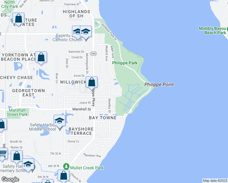 map of restaurants, bars, coffee shops, grocery stores, and more near 310 Parkside Lane in Safety Harbor