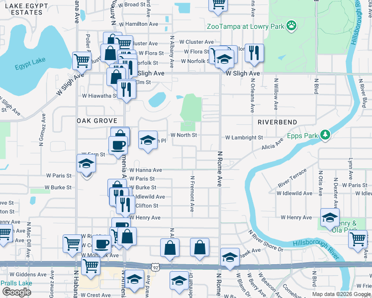 map of restaurants, bars, coffee shops, grocery stores, and more near 1910 West Fern Street in Tampa