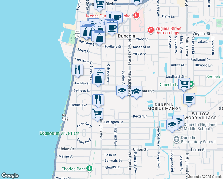 map of restaurants, bars, coffee shops, grocery stores, and more near 446 Beltrees Street in Dunedin