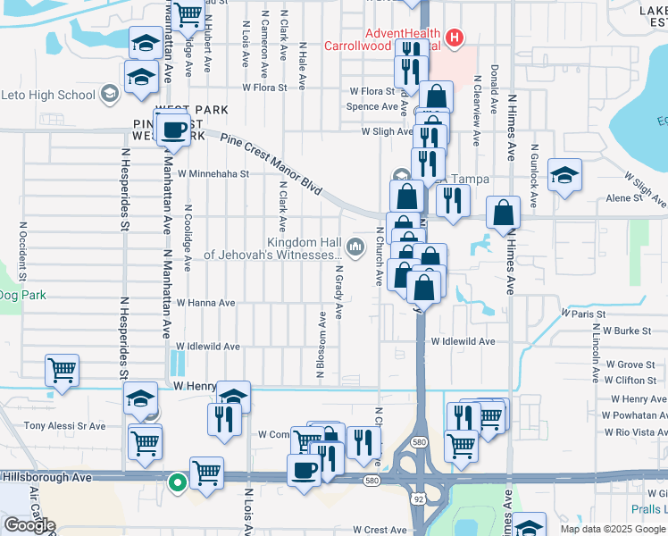 map of restaurants, bars, coffee shops, grocery stores, and more near 6222 North Grady Avenue in Tampa