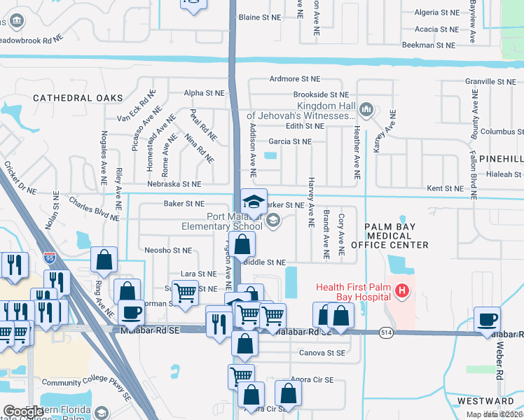 map of restaurants, bars, coffee shops, grocery stores, and more near 1724 Barker Street Northeast in Palm Bay