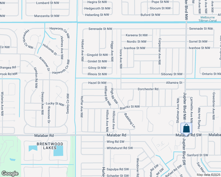 map of restaurants, bars, coffee shops, grocery stores, and more near 272 High Road Northwest in Palm Bay