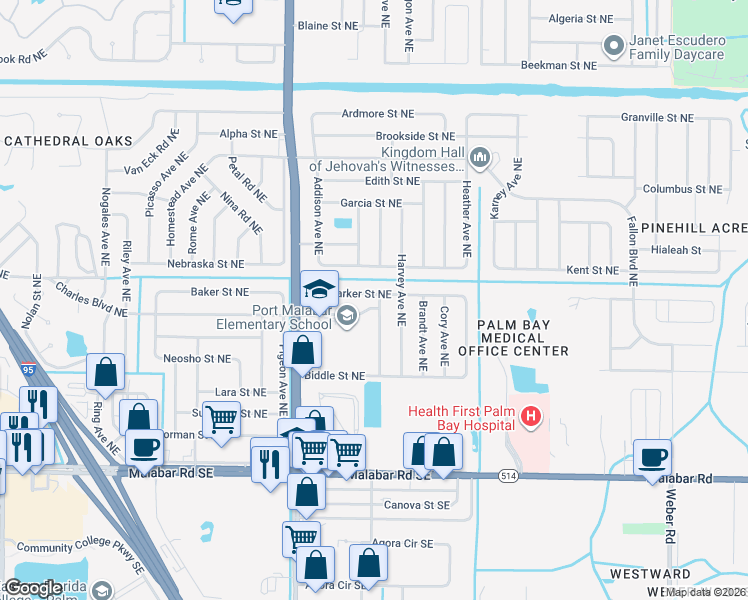 map of restaurants, bars, coffee shops, grocery stores, and more near 1796 Barker Street Northeast in Palm Bay