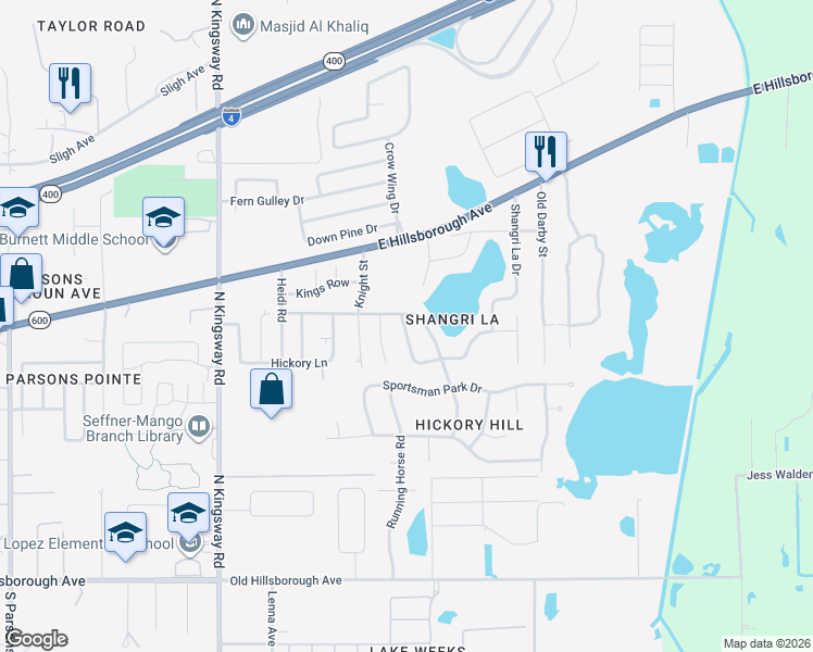 map of restaurants, bars, coffee shops, grocery stores, and more near 503 Rooks Road in Seffner