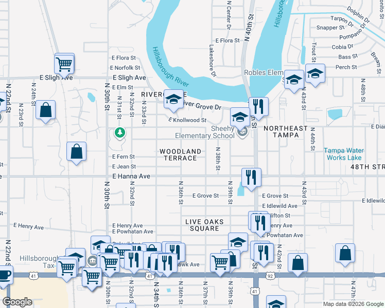 map of restaurants, bars, coffee shops, grocery stores, and more near 3616 East Fern Street in Tampa