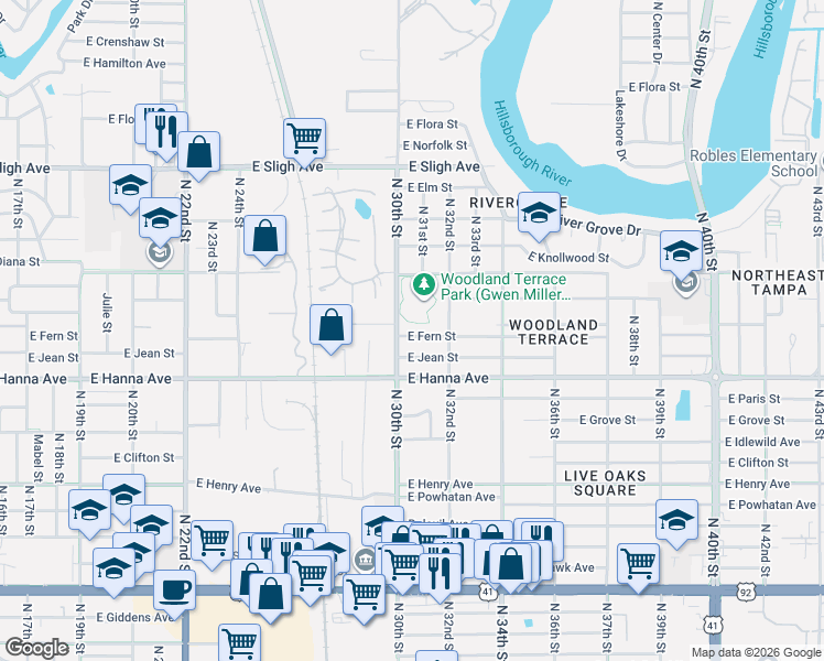 map of restaurants, bars, coffee shops, grocery stores, and more near 6312 North 30th Street in Tampa