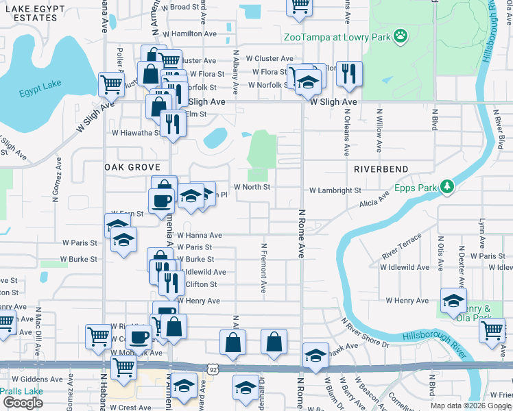 map of restaurants, bars, coffee shops, grocery stores, and more near 1910 West Fern Street in Tampa