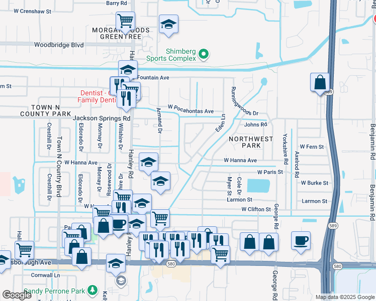 map of restaurants, bars, coffee shops, grocery stores, and more near 6410 Willow Wood Lane in Tampa