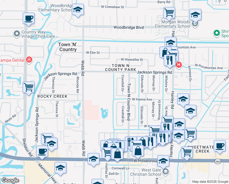 map of restaurants, bars, coffee shops, grocery stores, and more near 6405 Santa Monica Drive in Tampa