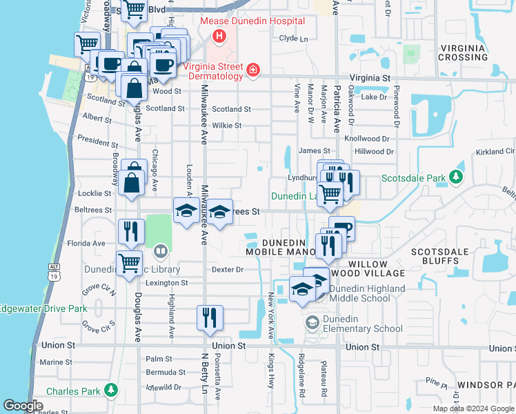 map of restaurants, bars, coffee shops, grocery stores, and more near in Dunedin