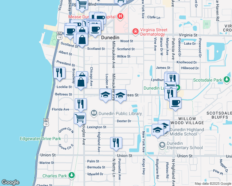 map of restaurants, bars, coffee shops, grocery stores, and more near 600 Beltrees Street in Dunedin