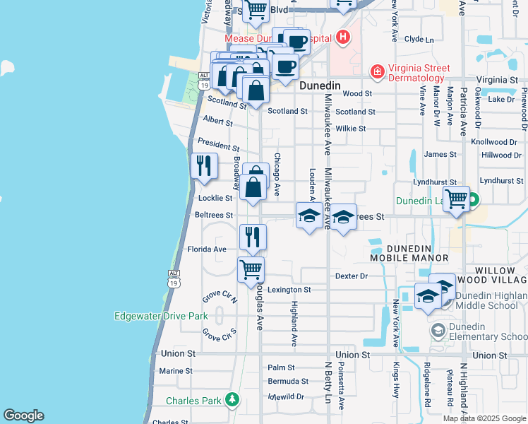 map of restaurants, bars, coffee shops, grocery stores, and more near in Dunedin