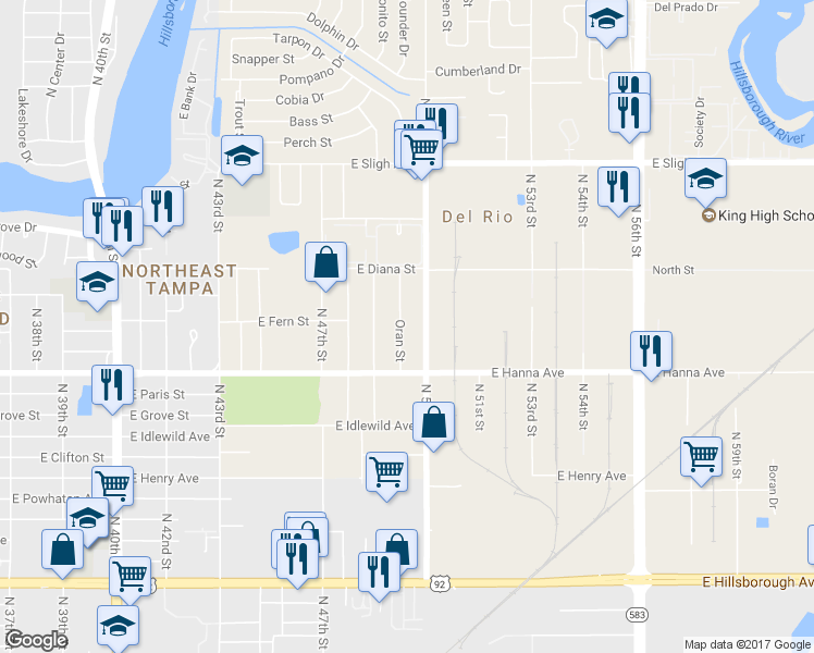 map of restaurants, bars, coffee shops, grocery stores, and more near 6219 Oran Street in Tampa