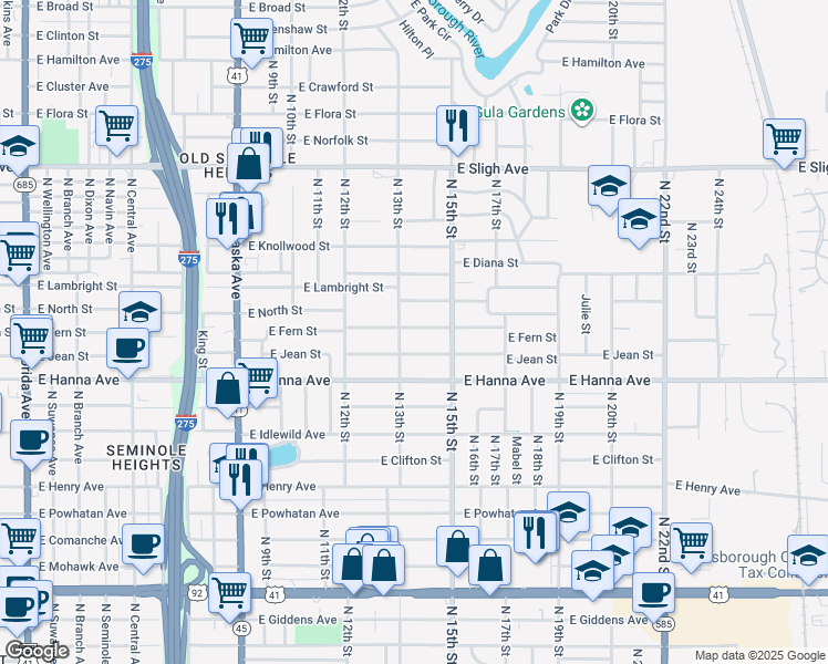 map of restaurants, bars, coffee shops, grocery stores, and more near 1405 East North Street in Tampa