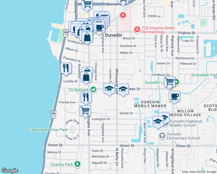 map of restaurants, bars, coffee shops, grocery stores, and more near 524 Beltrees Street in Dunedin