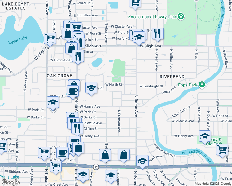 map of restaurants, bars, coffee shops, grocery stores, and more near 1910 West Fern Street in Tampa