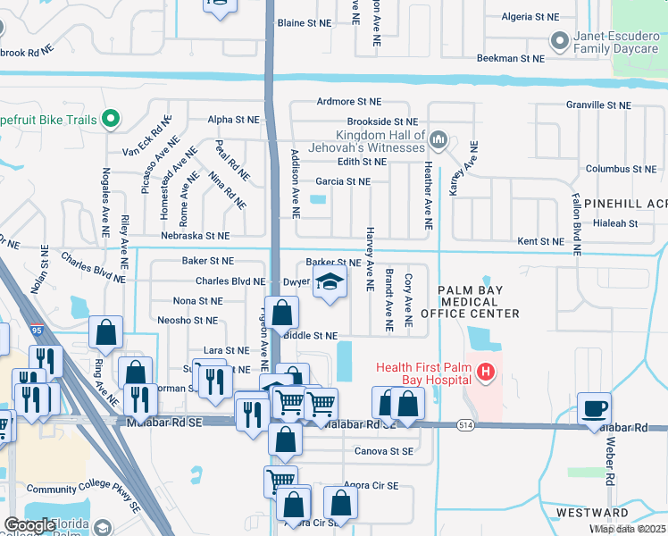 map of restaurants, bars, coffee shops, grocery stores, and more near 1796 Barker Street Northeast in Palm Bay