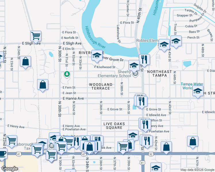 map of restaurants, bars, coffee shops, grocery stores, and more near 3616 East Fern Street in Tampa