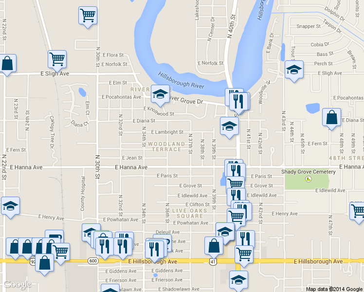 map of restaurants, bars, coffee shops, grocery stores, and more near 3616 East Fern Street in Tampa