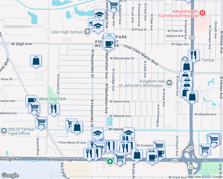 map of restaurants, bars, coffee shops, grocery stores, and more near 6218 North Coolidge Avenue in Tampa