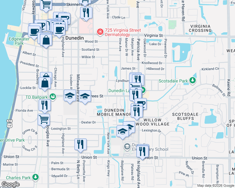 map of restaurants, bars, coffee shops, grocery stores, and more near 810 Beltrees Street in Dunedin
