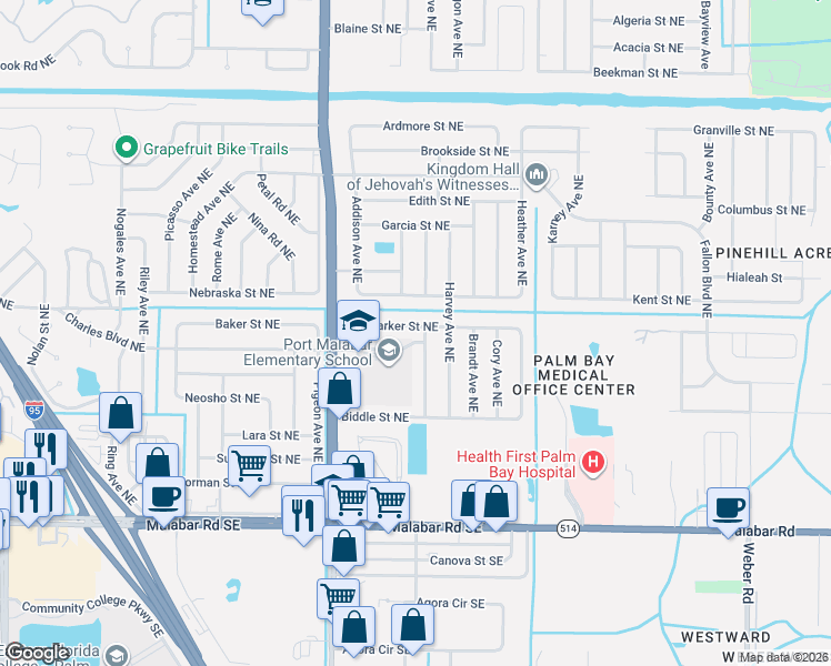 map of restaurants, bars, coffee shops, grocery stores, and more near 1722 Barker Street Northeast in Palm Bay