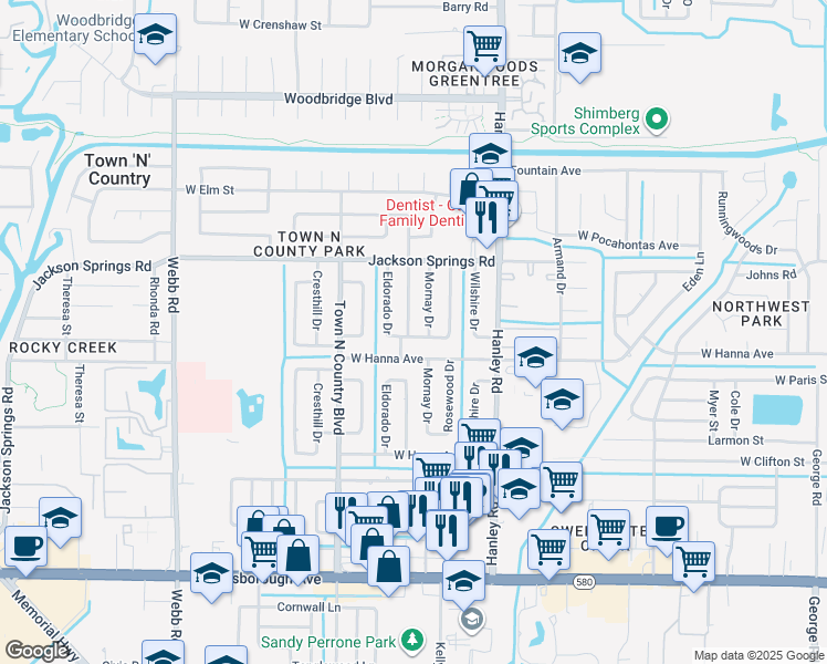 map of restaurants, bars, coffee shops, grocery stores, and more near 6401 Ambassador Drive in Tampa