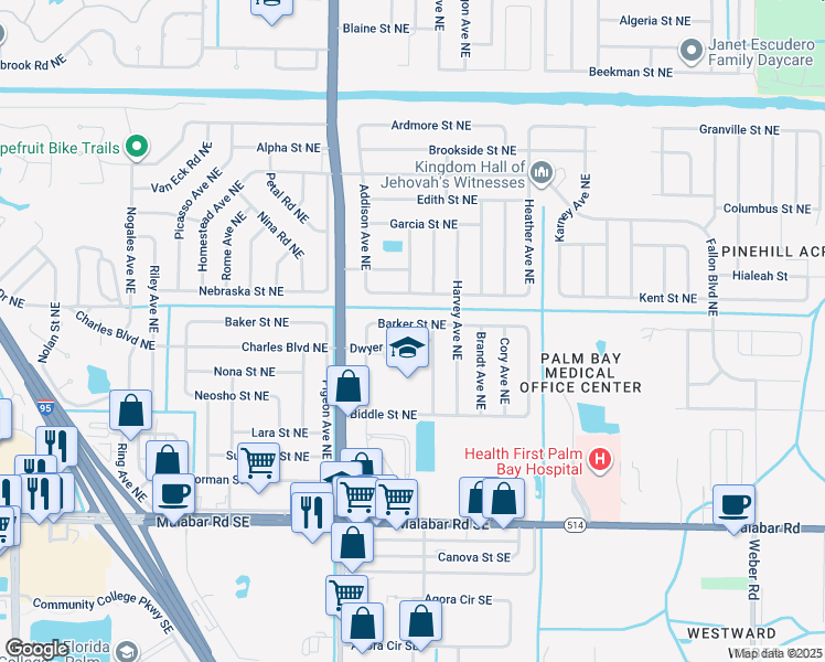map of restaurants, bars, coffee shops, grocery stores, and more near 1796 Barker Street Northeast in Palm Bay