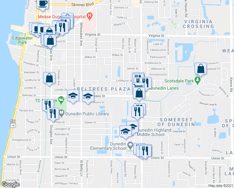 map of restaurants, bars, coffee shops, grocery stores, and more near 810 Beltrees Street in Dunedin