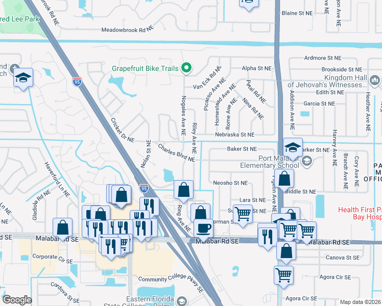 map of restaurants, bars, coffee shops, grocery stores, and more near 314 Riley Avenue Northeast in Palm Bay