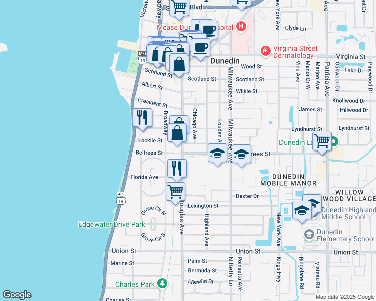 map of restaurants, bars, coffee shops, grocery stores, and more near in Dunedin