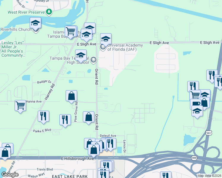 map of restaurants, bars, coffee shops, grocery stores, and more near 6207 Orient Road in Tampa