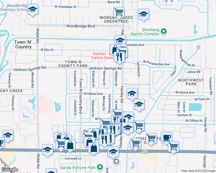 map of restaurants, bars, coffee shops, grocery stores, and more near 6402 Rosewood Drive in Tampa