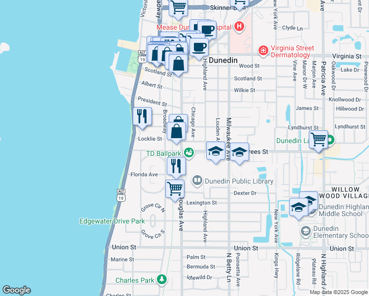 map of restaurants, bars, coffee shops, grocery stores, and more near in Dunedin
